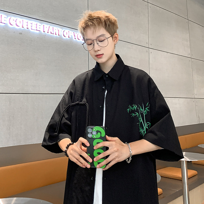 夏秋季新中式风复古竹子印花竹节棉短袖衬衫B370-CS2411特P40,男装衬衫,电商B370-A