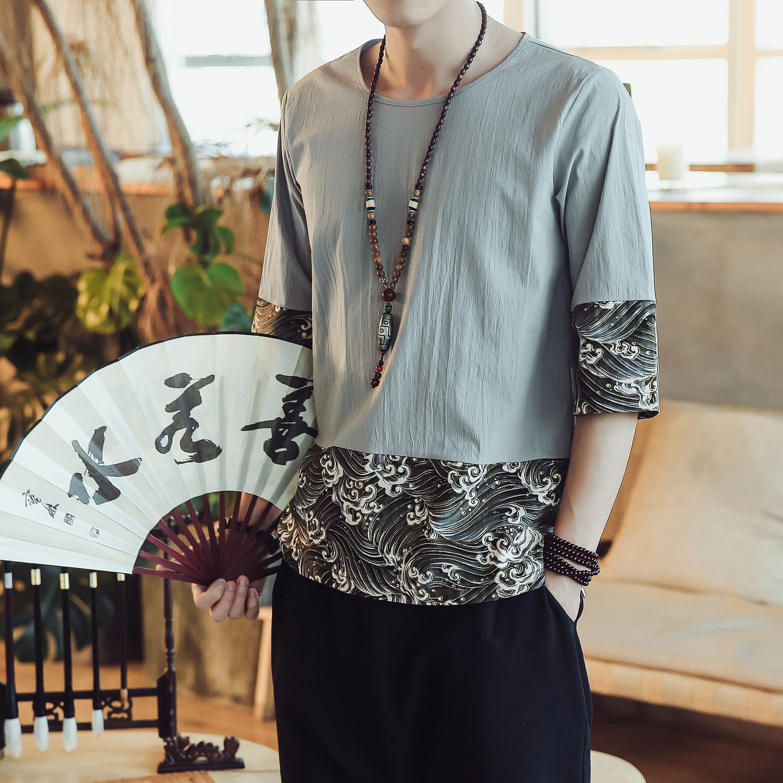 常年款风春夏季海浪鲤鱼印花T恤棉麻上衣圆领短袖B370-T91P40,男装T恤,电商B370-A