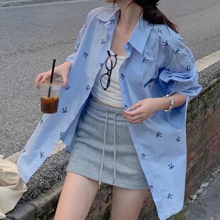 韩版春夏蝴蝶结印花衬衫宽松oversize长袖复古原宿风衬衣外套女夏