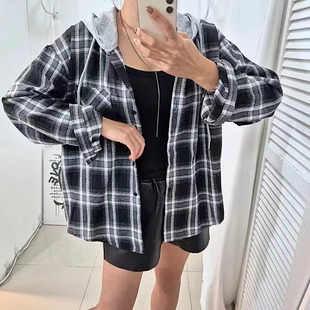 韩版秋季连帽格子衬衫原宿风宽松大码撞色百搭休闲长袖外套女衬衣