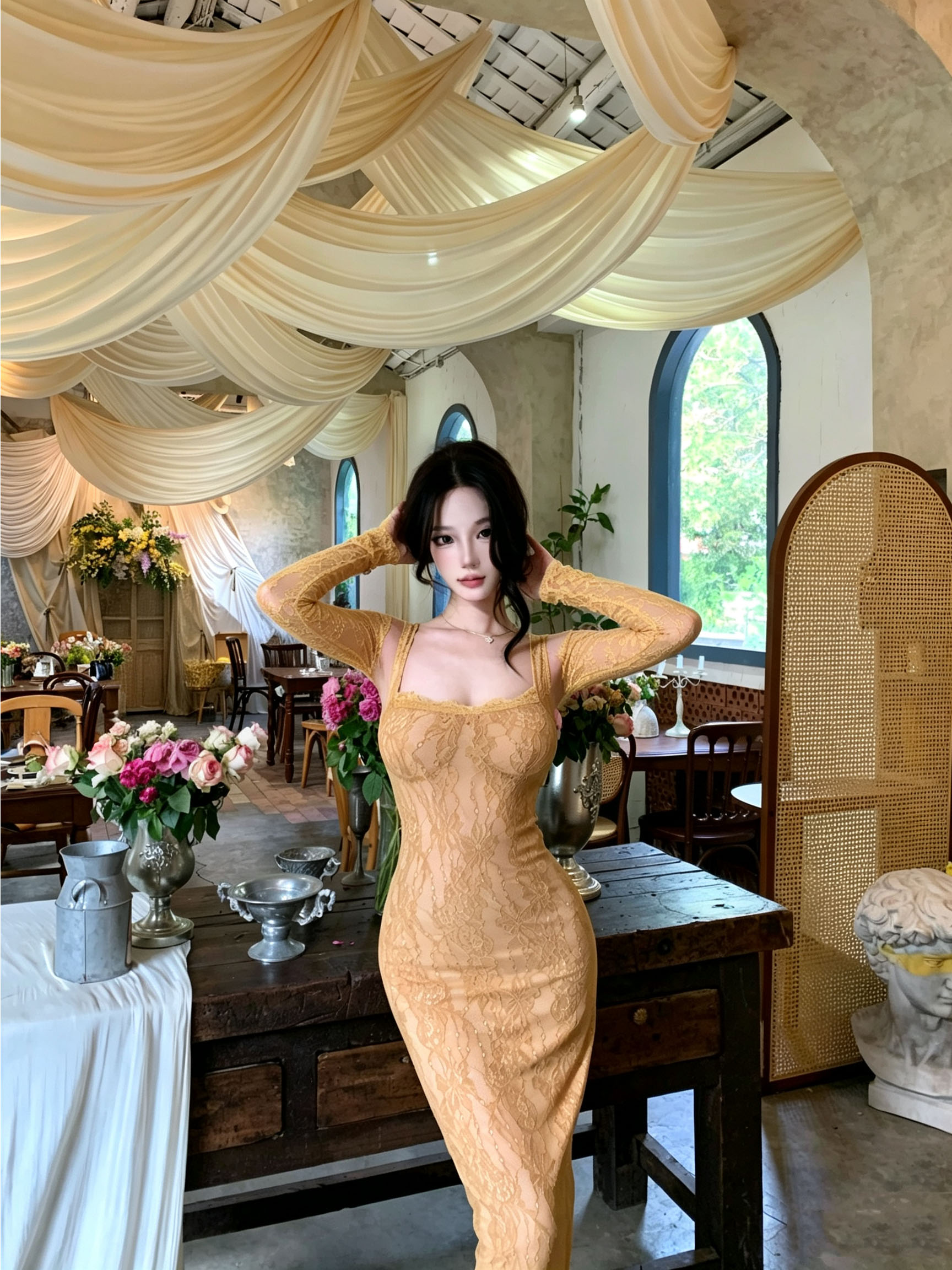 法式名媛风蕾丝拼接方领连衣裙女图片
