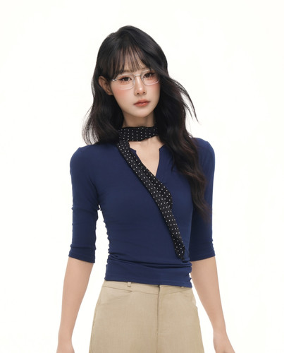 辣妹性感半开领v领中袖蓝色T恤女