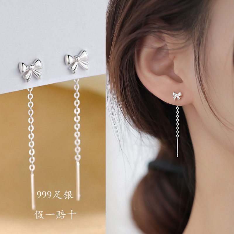 999足银蝴蝶结耳线女气质小众高级感耳环养耳免摘耳饰品