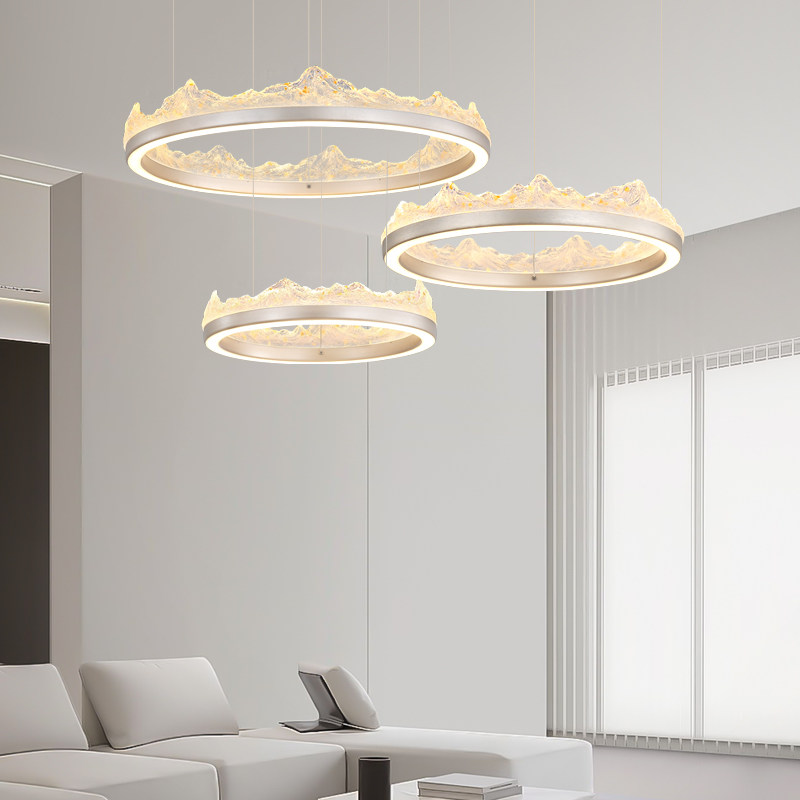 现代简约客厅吊灯LED圆形铝材树脂灯罩设计感平吊三圈轻奢家装