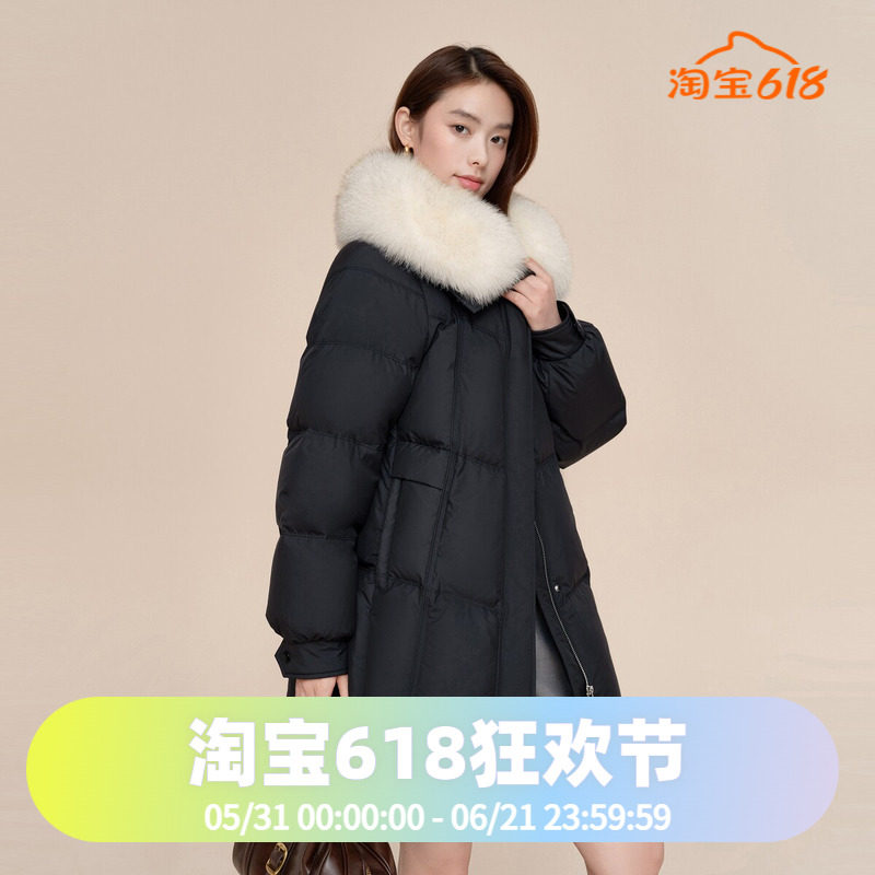 波司登2024冬款女一手长都市女人味狐狸毛领大翻领廓形时尚羽绒服