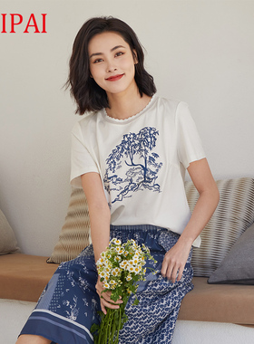 短袖t恤女夏葵牌新款中年妈妈装波浪领T恤复古印花上衣显年轻