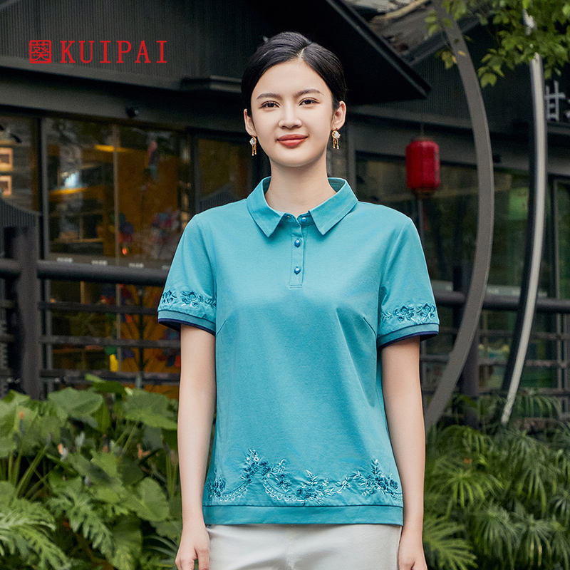 葵2025春夏季新品翻领Polo针织衫绣花罗纹袖口中老年妈妈装女上衣