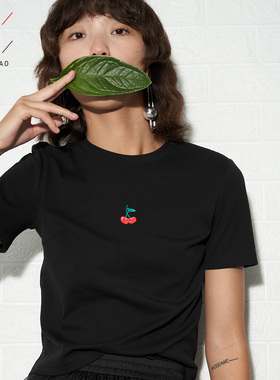 佐料原创设计修身拼接樱桃印花时尚圆领短袖T恤上衣女装ZDA2T255
