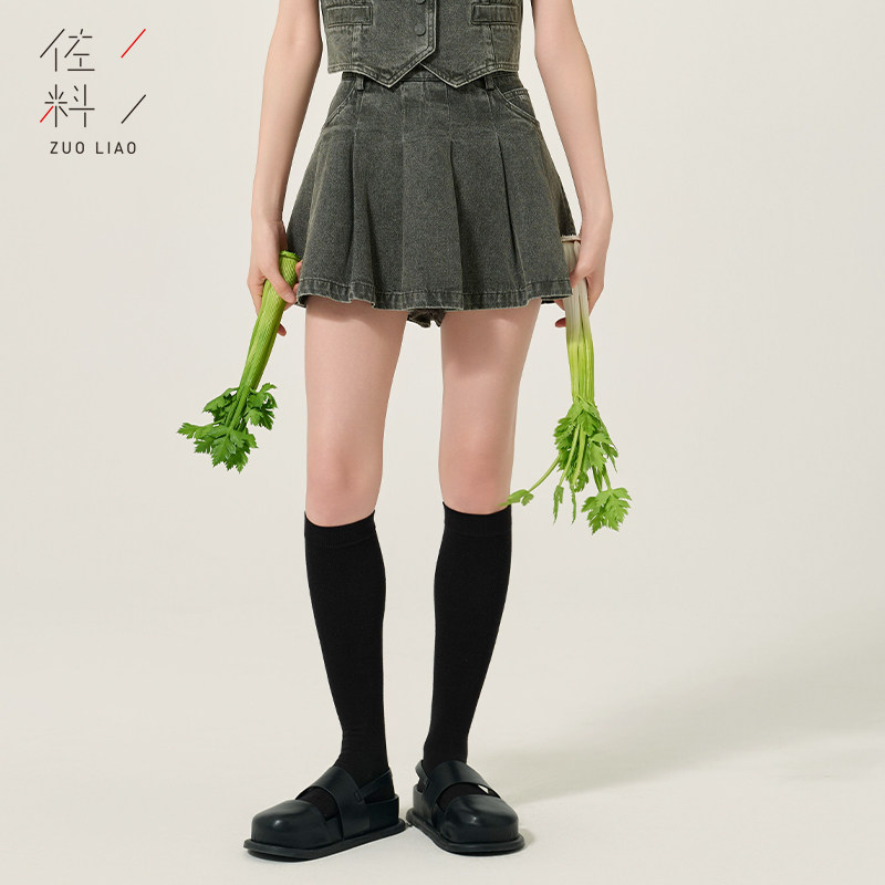 佐料原创设计时尚简约A型百褶高腰纯色灰牛仔短裙子女装ZDC2B332