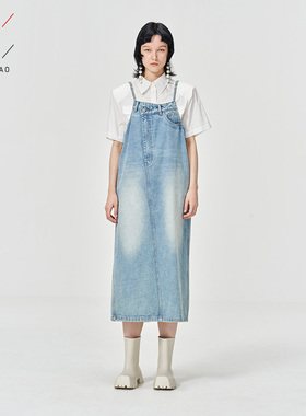 佐料原创设计不对称牛仔背带连衣裙韩系减龄长款吊带女装ZDA3L008