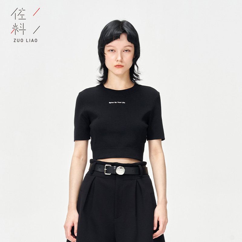 佐料原创设计圆领短袖修身气质百搭短款毛针织套头衫女士ZDA3Y362