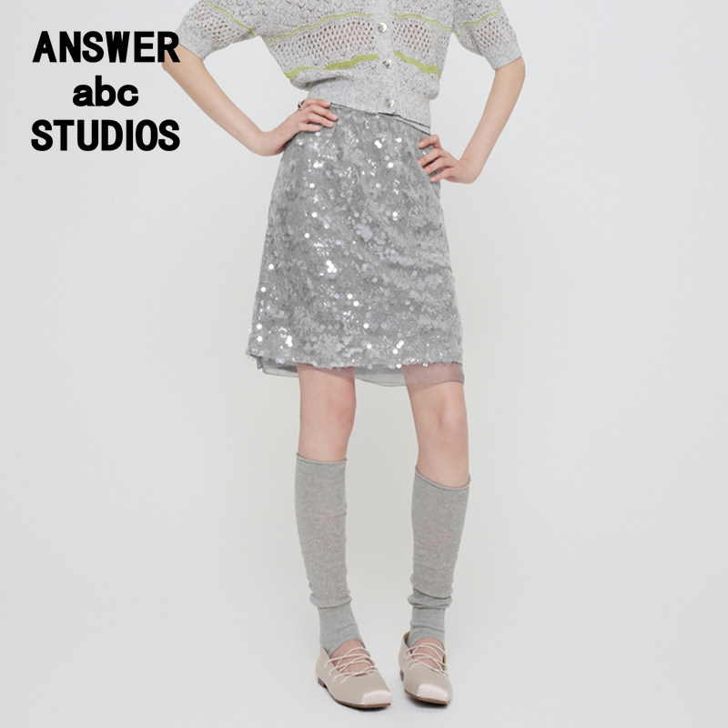 Answer正品女装松紧腰珠片半身裙子短款灰色百搭ADD2B434