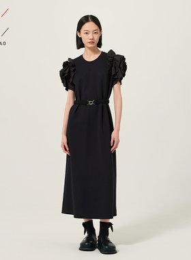 佐料原创设计时尚气质纯色高级感花朵短袖连衣裙腰带女装ZDC2L216