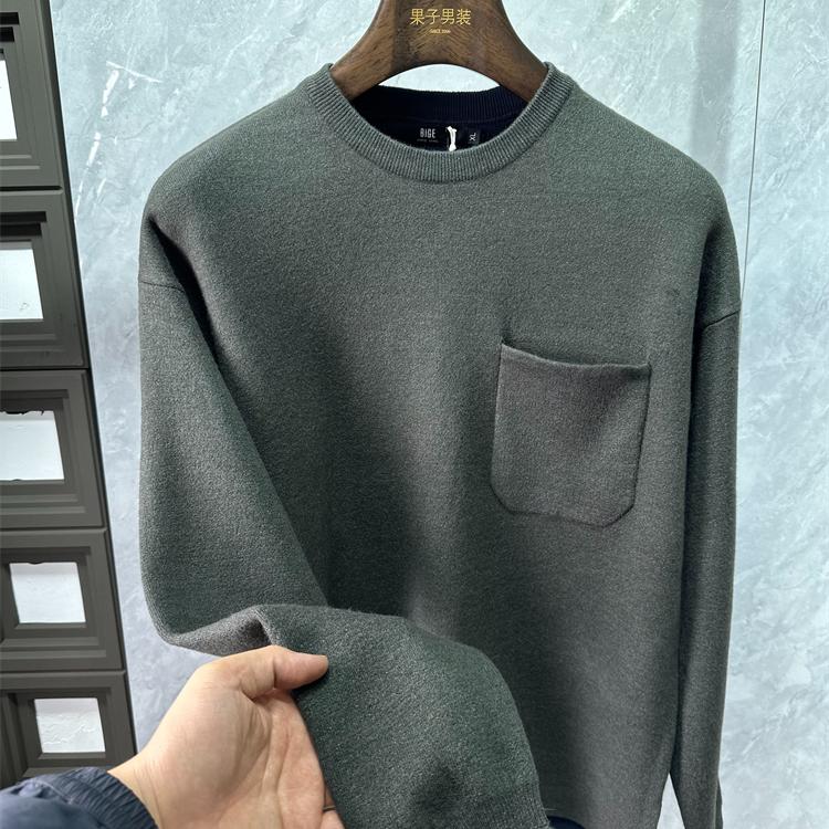 时尚品牌套头纯色口袋休闲毛衣