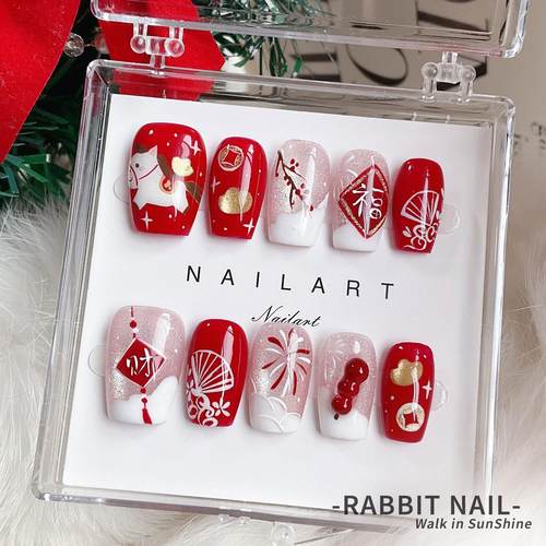 【马上有钱】红色新年可爱氛围感短款国风手绘·纯手工穿戴甲