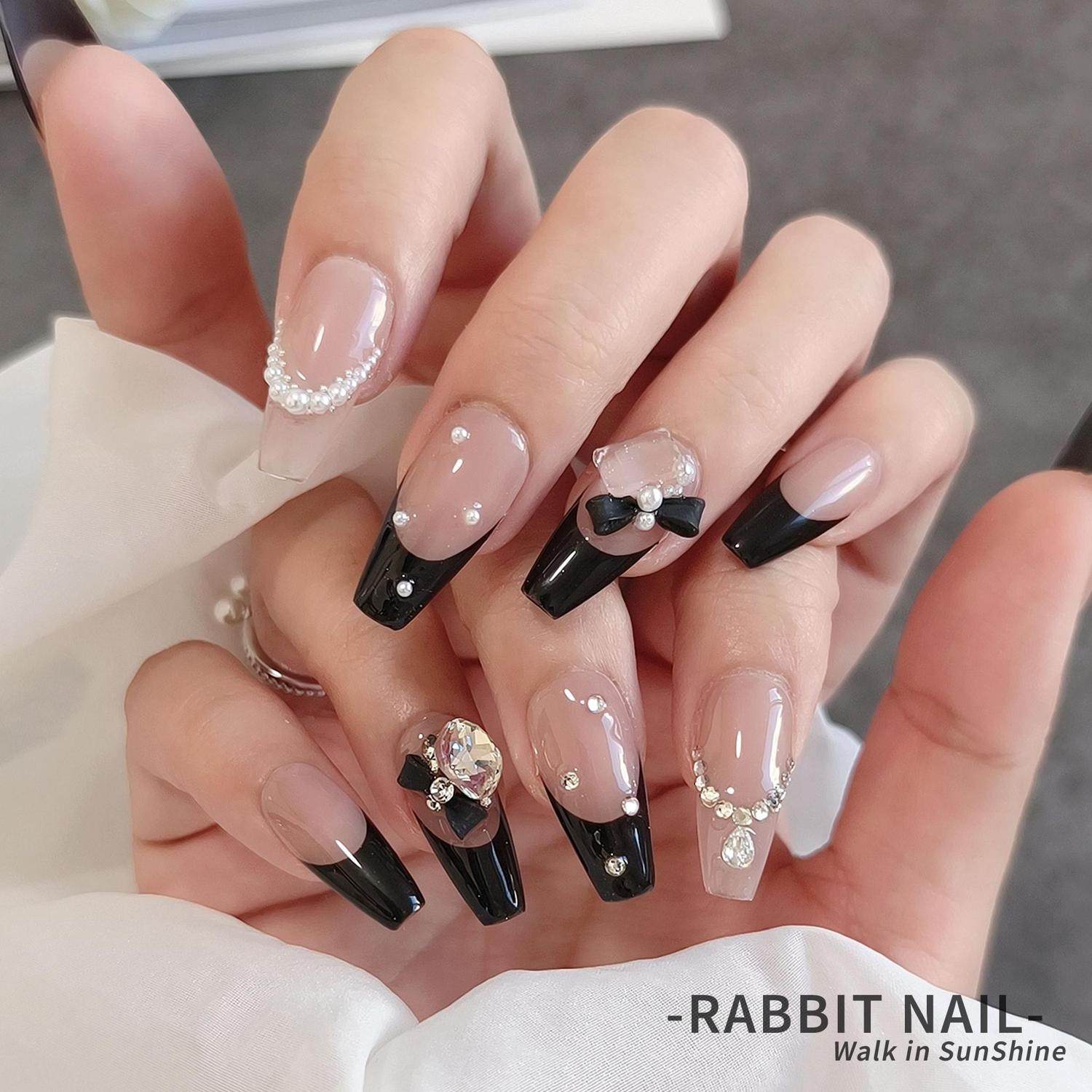 【巴黎晨光】黑色赫本珍珠钻石蝴蝶结显白时尚法式·纯手工穿戴甲,彩妆/香水/美妆工具,穿戴甲/甲片,淘宝优惠券,粉丝福利购,淘宝优惠卷