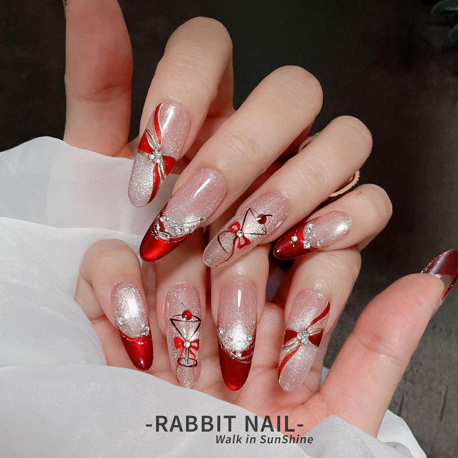 【樱桃甜酒】红猫眼丝带新年显白气质高级温柔法式·纯手工穿戴甲