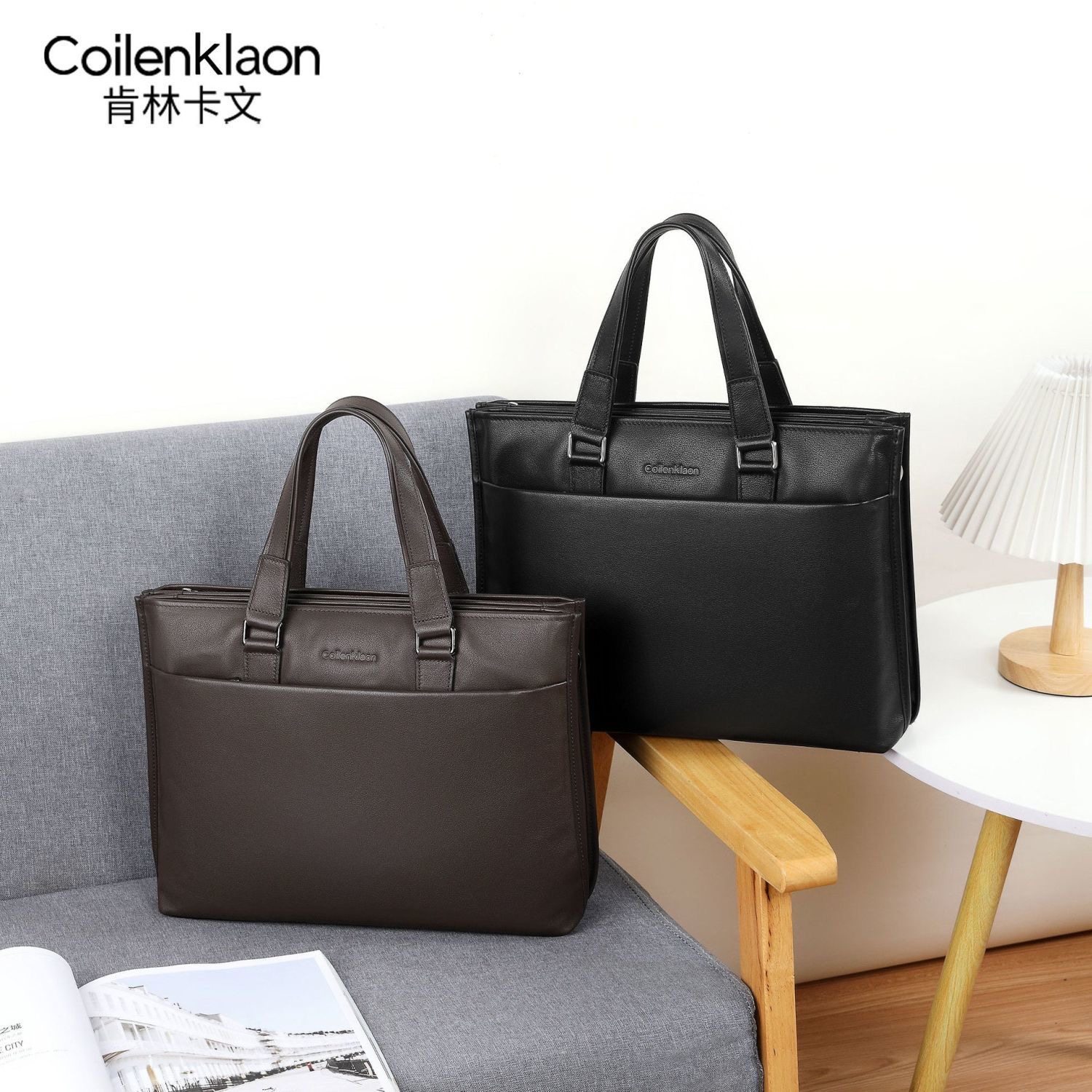 法国肯林卡文男士牛皮公文包高档休闲多隔层手提包商务文件电脑包