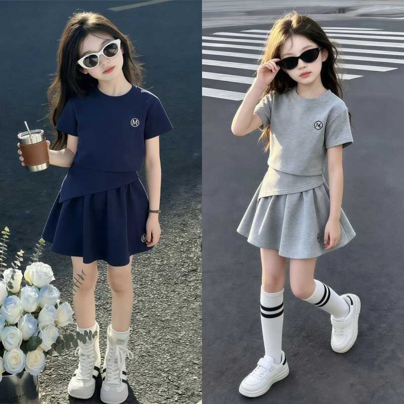 童装女童夏季套装中大童短袖字母t恤短裙女孩网球服运动服两件套图片