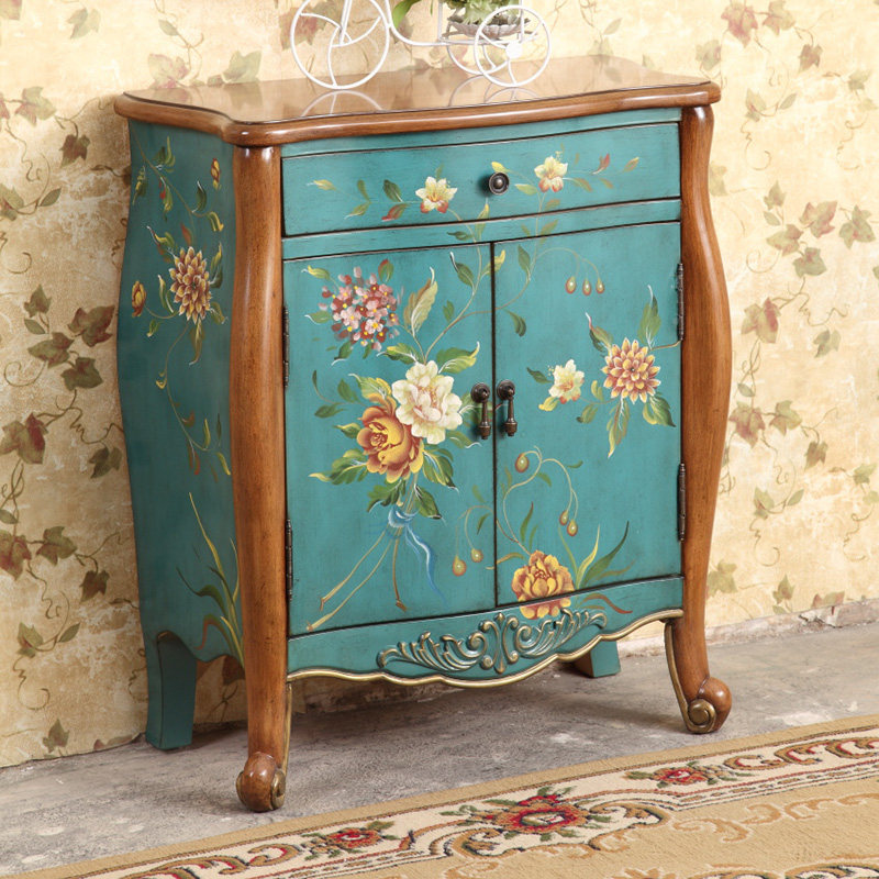 美式彩绘玄关柜复古家具门厅柜子装饰柜客厅储物斗柜彩色田园风格