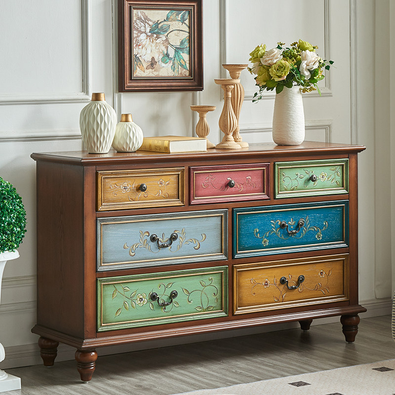 美式艺术斗柜客厅高低边柜卧室复古储物柜彩绘大容量储物柜田园风