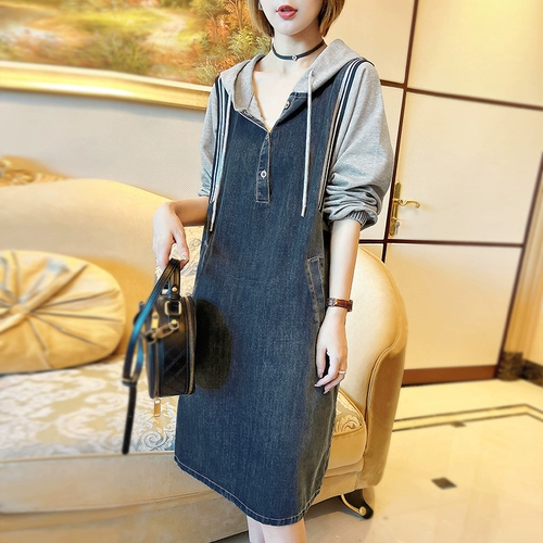 Лонгслив, осеннее платье, джинсовая длинная юбка с капюшоном, подходит для подростков, свободный крой, яркий броский стиль