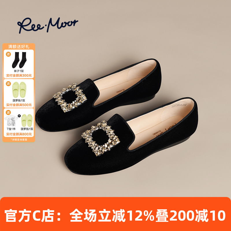 REEMOOR豆豆鞋方扣乐福鞋水钻