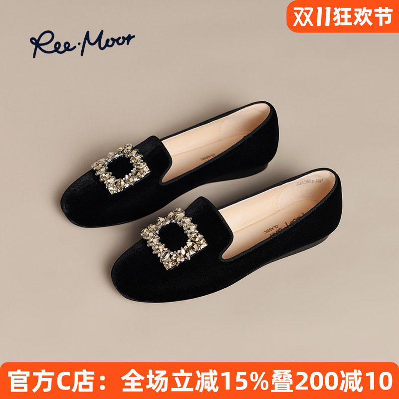 REEMOOR睿慕水钻方扣乐福鞋2026春夏新款舒适软底一脚蹬豆豆鞋女