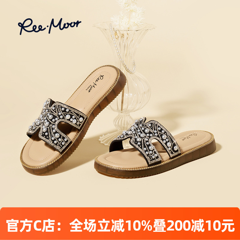 REEMOOR睿慕水钻凉拖鞋女2025夏季新款外穿时尚百搭软底平底鞋