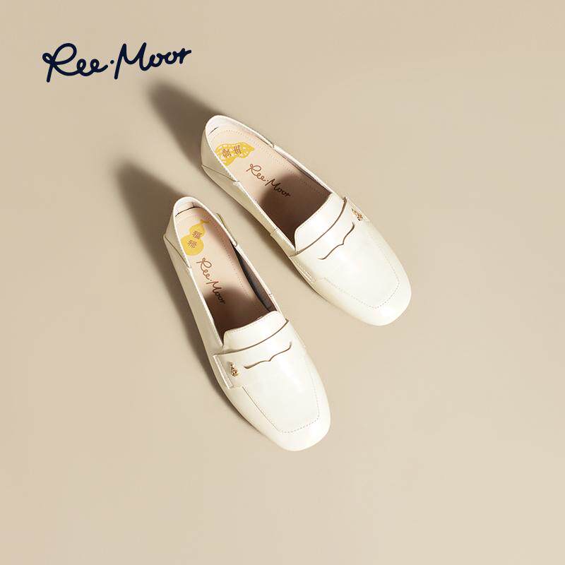 REEMOOR睿慕复古休闲乐福鞋2026春夏新款粗跟高跟白色小皮鞋女鞋