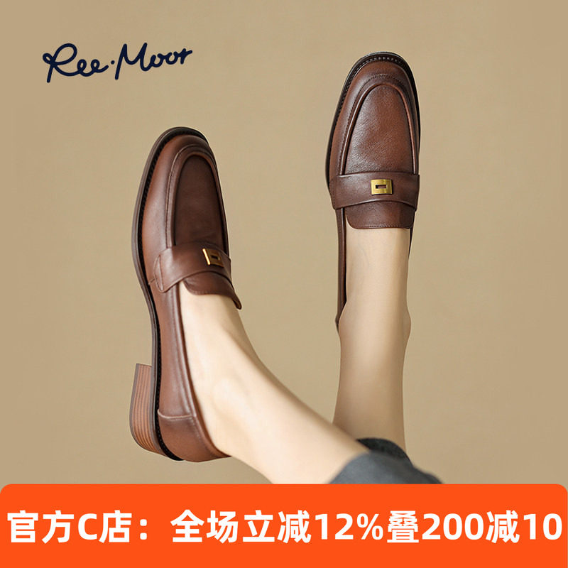 REEMOOR2026秋季新款牛皮圆头乐福鞋复古中跟真皮小皮鞋睿慕女鞋,女鞋,乐福鞋（豆豆鞋）,淘宝优惠券,粉丝福利购,淘宝优惠卷