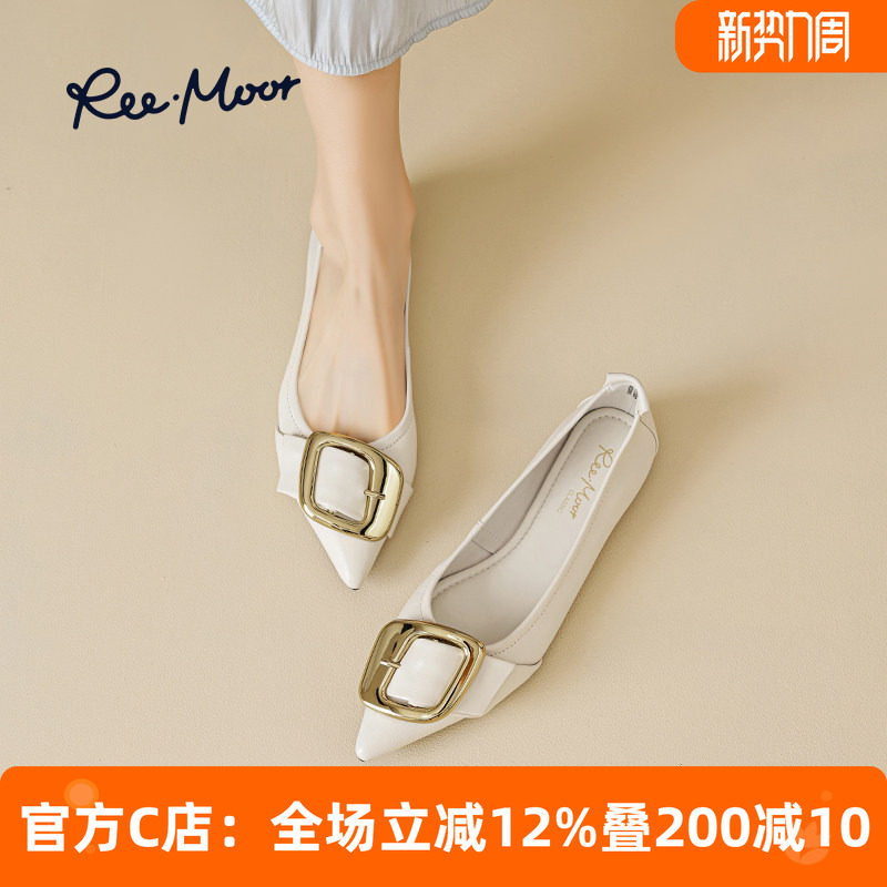 REEMOOR睿慕仙女风尖头蛋卷鞋2026新款气质小羊皮低跟平底单鞋女