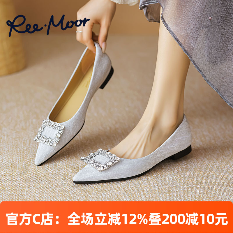 REEMOOR平底鞋方扣银色单鞋水钻