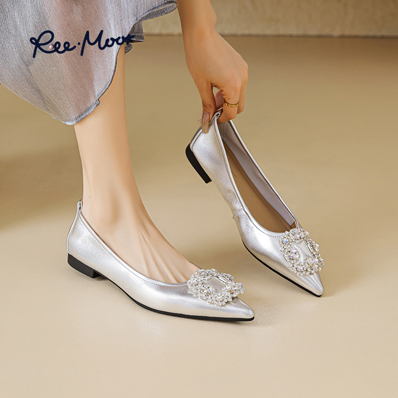 REEMOOR睿慕银色尖头平底鞋2026春新款气质小羊皮名媛软底单鞋女
