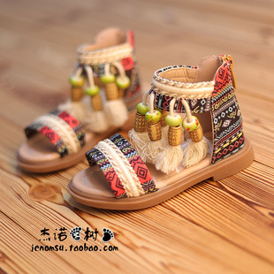 女童凉鞋夏款2025新款公主爆款短靴洋气民族风露趾撞色流苏罗马鞋