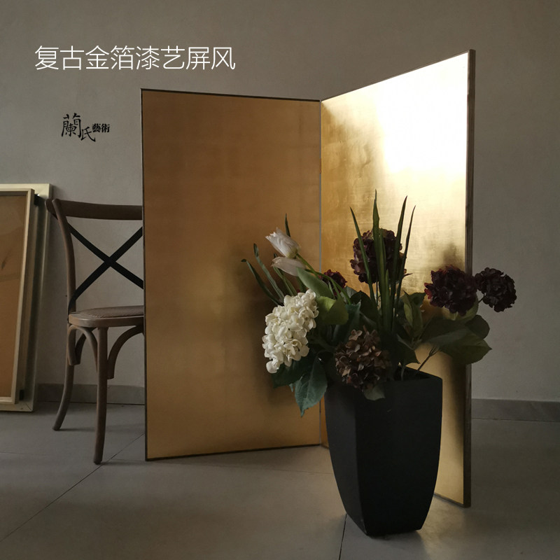 复古金箔屏风传统中式漆艺折屏日式榻榻米小屏风隔断转角背景0275