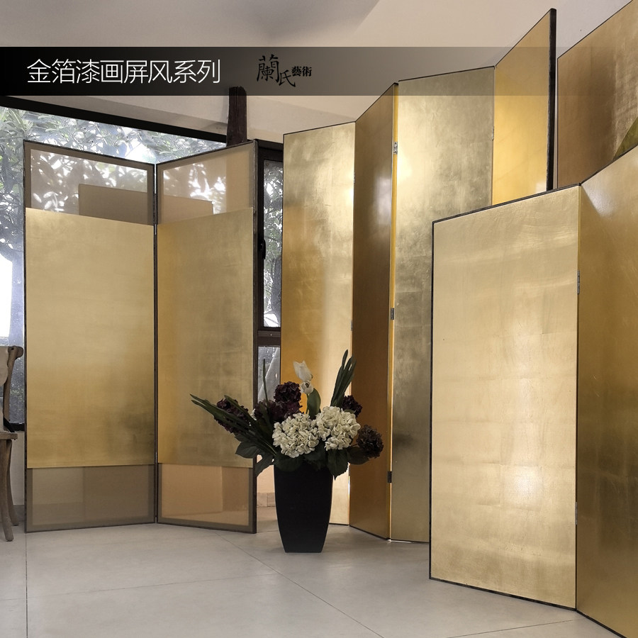 传统中式漆艺折叠屏风隔断金箔折屏漆画客厅沙发背景墙转角背景画
