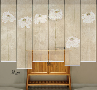 卷帘挂式 屏风客厅透明窗帘0308莲 屏风新中式 软屏风软隔断悬挂式