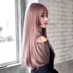 假发女粉色公主切长发 日系lolita姬发式长直发网红薄藤色全头套