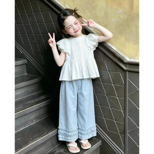 现货女童衬衫短袖薄款2026夏装新款小女孩巨好看甜美白色花边上衣