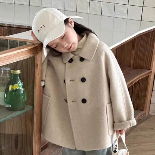 女童羊绒呢大衣秋装新款高端双面呢大衣外套秋冬季儿童女孩双排扣
