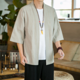 2025秋季青年流行纯色短袖外套透气薄款棉麻上衣半袖披风W001P50，男装民族服装，星座409-1