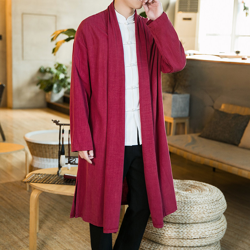 2025男装中国风道袍披风宽松亚麻开衫休闲中长款对襟风衣C018P75