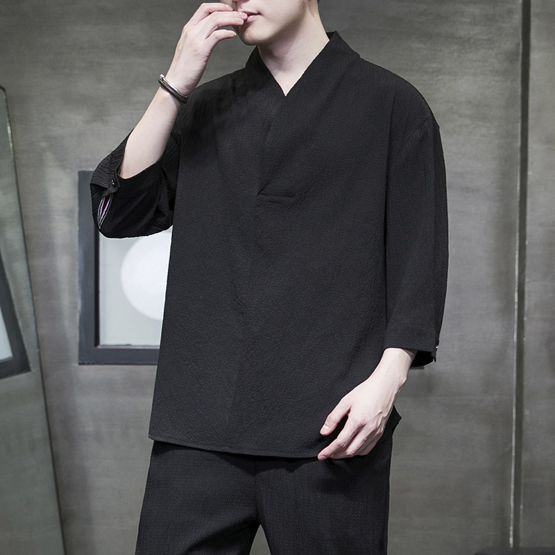 中国风夏季男士冰丝短袖t恤宽松大码茶服薄款半袖体恤C053P60