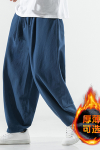 冬季保暖大码宽松休闲裤复古棉麻男加绒长裤风阔腿裤K001P85图片
