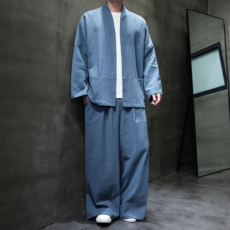 开衫唐装风棉麻禅修居士茶服大码披风汉服套装M910K013P160,男装休闲套装,星座409-1