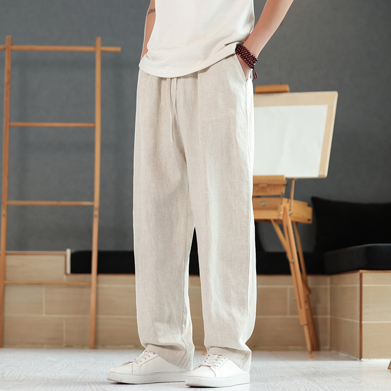 100%纯亚麻直筒阔腿裤灰色休闲商务中年青年男士秋装裤子K022P95，男装休闲裤，星座409-1