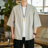 外套透气薄款棉麻披风2025秋季白色风休闲纯色短半袖W001P50，男装民族服装，星座409-1