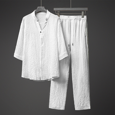 2022薄款白色半袖夏季中国风宽松衬衫套装青年冰丝休闲CK007P110