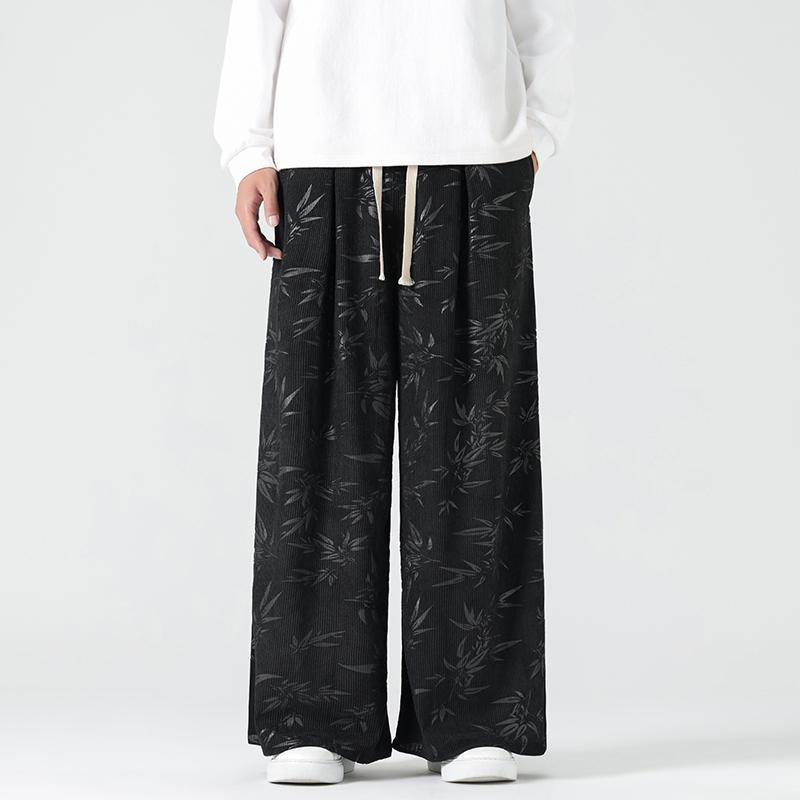 秋冬中国风灯芯绒休闲长裤直筒阔腿裤日系复古条绒哈伦裤K039P55